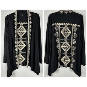 Andree By Unit Embroidered Kimono Cardigan Top Sz S Black Open Front Boho Artsy